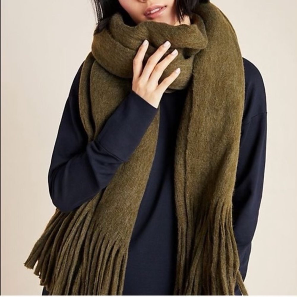 Anthropologie Mimi Fringed Wrap Scarf (OS), Moss Green